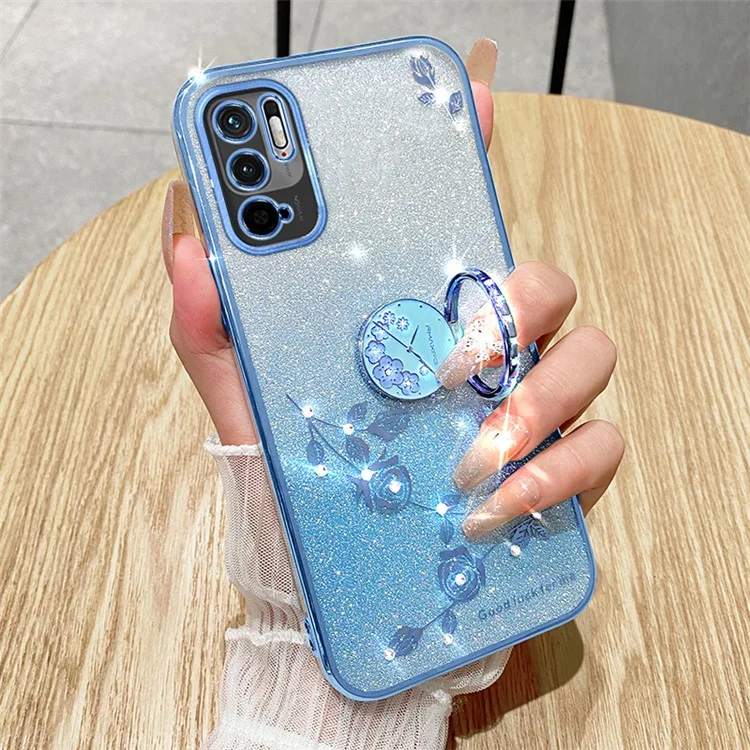 KADEM Protective Case for Xiaomi Redmi Note 10 5G Kickstand Phone Shell Rhinestone Flower TPU Cover - Rose Gold