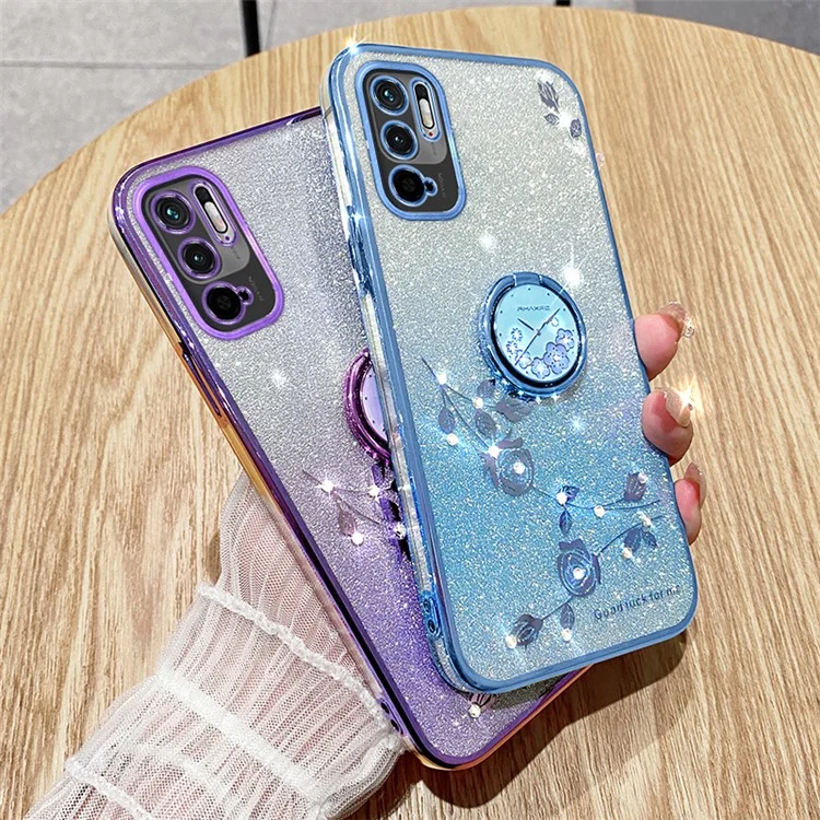 KADEM Protective Case for Xiaomi Redmi Note 10 5G Kickstand Phone Shell Rhinestone Flower TPU Cover - Rose Gold
