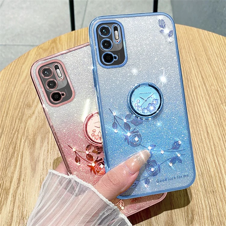 KADEM Protective Case for Xiaomi Redmi Note 10 5G Kickstand Phone Shell Rhinestone Flower TPU Cover - Rose Gold