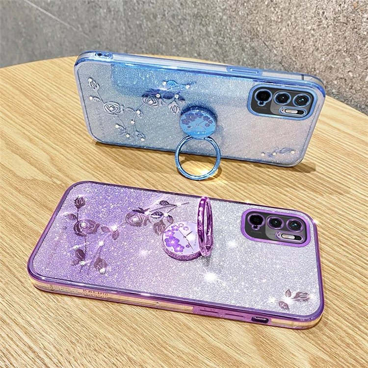 KADEM Protective Case for Xiaomi Redmi Note 10 5G Kickstand Phone Shell Rhinestone Flower TPU Cover - Rose Gold