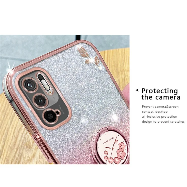 KADEM Protective Case for Xiaomi Redmi Note 10 5G Kickstand Phone Shell Rhinestone Flower TPU Cover - Rose Gold