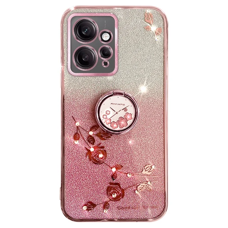 KADEM For Xiaomi Redmi Note 12 4G Kickstand Case Glitter Gradient Rhinestone Flower Phone Cover TPU Electroplating Case - Rose Gold