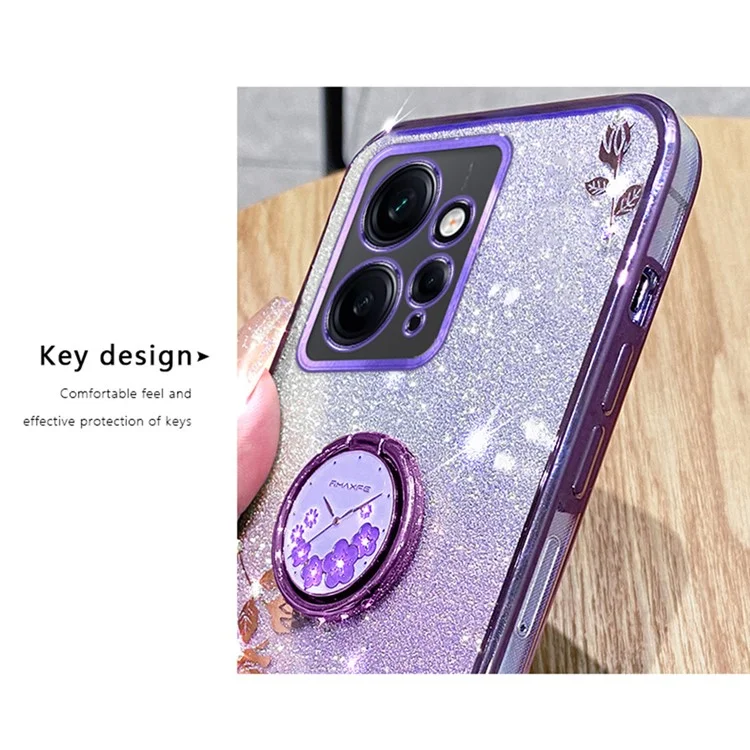 KADEM For Xiaomi Redmi Note 12 4G Kickstand Case Glitter Gradient Rhinestone Flower Phone Cover TPU Electroplating Case - Rose Gold