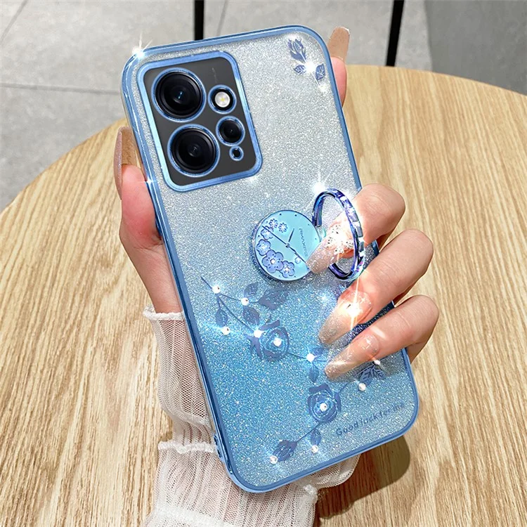 KADEM For Xiaomi Redmi Note 12 4G Kickstand Case Glitter Gradient Rhinestone Flower Phone Cover TPU Electroplating Case - Rose Gold