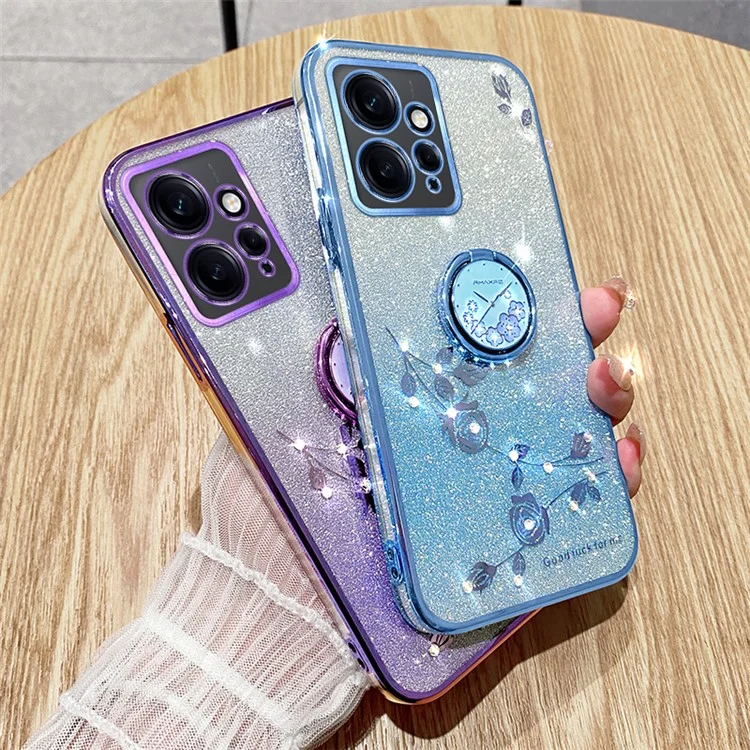 KADEM For Xiaomi Redmi Note 12 4G Kickstand Case Glitter Gradient Rhinestone Flower Phone Cover TPU Electroplating Case - Rose Gold