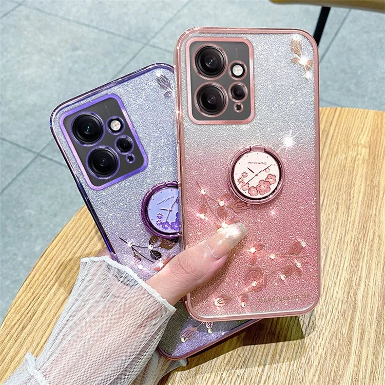 KADEM For Xiaomi Redmi Note 12 4G Kickstand Case Glitter Gradient Rhinestone Flower Phone Cover TPU Electroplating Case - Rose Gold