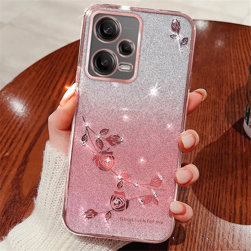 KADEM TPU Case for Xiaomi Redmi Note 12 Pro 5G / 12 Pro+ 5G Flower Rhinestone Gradient Glitter Phone Cover - Rose Gold
