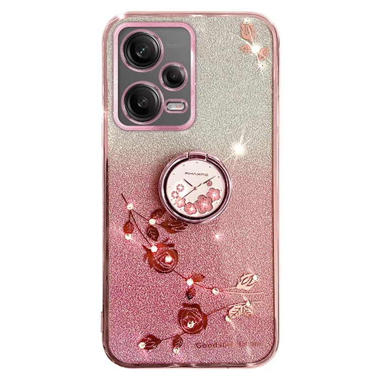 Capa TPU KADEM para Xiaomi Redmi Note 12 Pro 5G / 12 Pro+ 5G Eletrodeposição Glitter Gradiente Rhinestone Flower Kickstand Phone Cover - Rose Gold