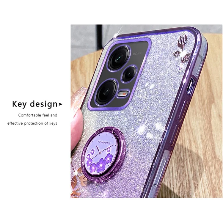 Capa TPU KADEM para Xiaomi Redmi Note 12 Pro 5G / 12 Pro+ 5G Eletrodeposição Glitter Gradiente Rhinestone Flower Kickstand Phone Cover - Rose Gold