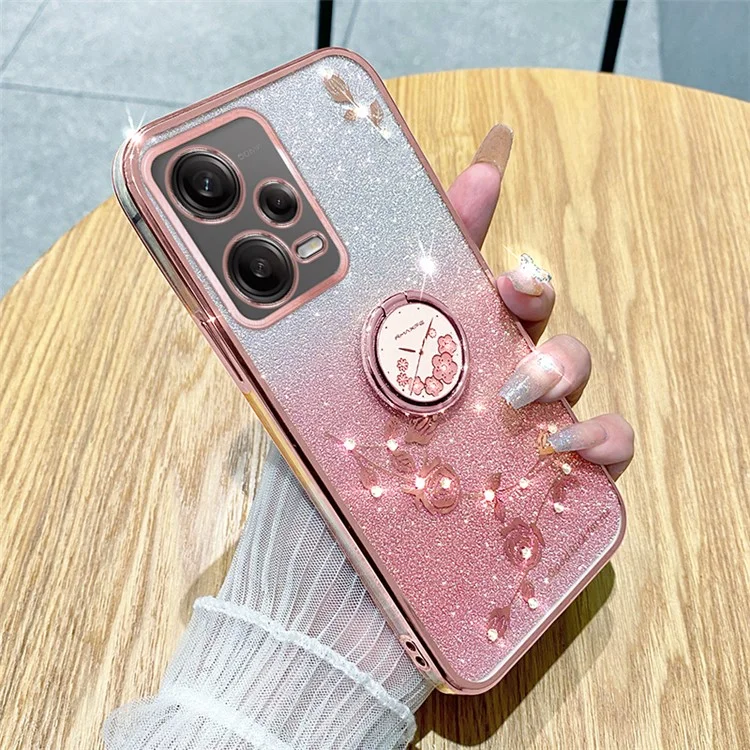 Capa TPU KADEM para Xiaomi Redmi Note 12 Pro 5G / 12 Pro+ 5G Eletrodeposição Glitter Gradiente Rhinestone Flower Kickstand Phone Cover - Rose Gold