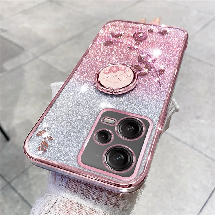 Capa TPU KADEM para Xiaomi Redmi Note 12 Pro 5G / 12 Pro+ 5G Eletrodeposição Glitter Gradiente Rhinestone Flower Kickstand Phone Cover - Rose Gold