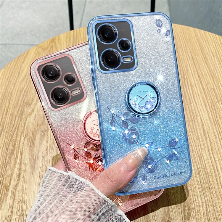 Capa TPU KADEM para Xiaomi Redmi Note 12 Pro 5G / 12 Pro+ 5G Eletrodeposição Glitter Gradiente Rhinestone Flower Kickstand Phone Cover - Rose Gold