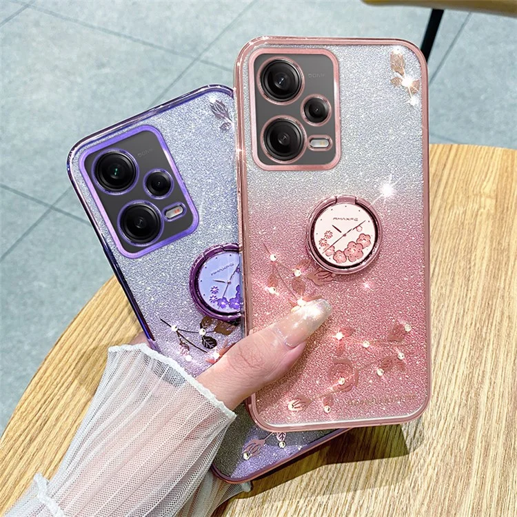 Capa TPU KADEM para Xiaomi Redmi Note 12 Pro 5G / 12 Pro+ 5G Eletrodeposição Glitter Gradiente Rhinestone Flower Kickstand Phone Cover - Rose Gold