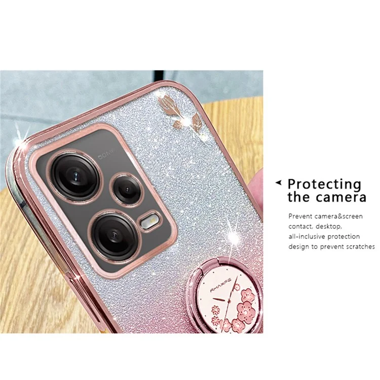 Capa TPU KADEM para Xiaomi Redmi Note 12 Pro 5G / 12 Pro+ 5G Eletrodeposição Glitter Gradiente Rhinestone Flower Kickstand Phone Cover - Rose Gold