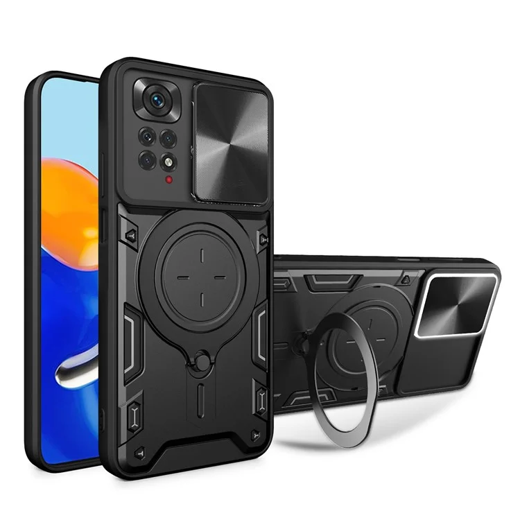Pour Xiaomi Redmi Note 11 Pro 4G (MediaTek) / 5G (Qualcomm) / Note 11E Pro 5G / Note 11 Pro+ 5G (Inde) Coque de téléphone en TPU et PC avec support et couvercle de l'objectif coulissant - Noir