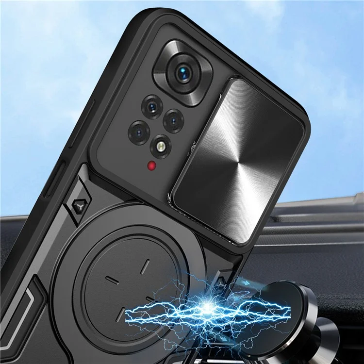 Pour Xiaomi Redmi Note 11 Pro 4G (MediaTek) / 5G (Qualcomm) / Note 11E Pro 5G / Note 11 Pro+ 5G (Inde) Coque de téléphone en TPU et PC avec support et couvercle de l'objectif coulissant - Noir