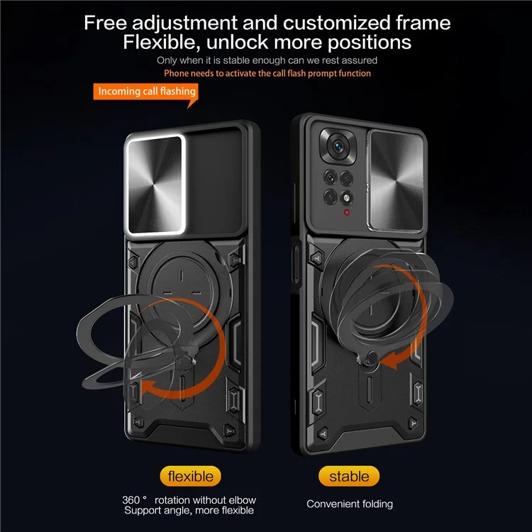 Pour Xiaomi Redmi Note 11 Pro 4G (MediaTek) / 5G (Qualcomm) / Note 11E Pro 5G / Note 11 Pro+ 5G (Inde) Coque de téléphone en TPU et PC avec support et couvercle de l'objectif coulissant - Noir