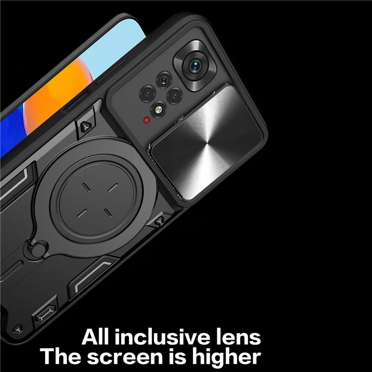 Pour Xiaomi Redmi Note 11 Pro 4G (MediaTek) / 5G (Qualcomm) / Note 11E Pro 5G / Note 11 Pro+ 5G (Inde) Coque de téléphone en TPU et PC avec support et couvercle de l'objectif coulissant - Noir