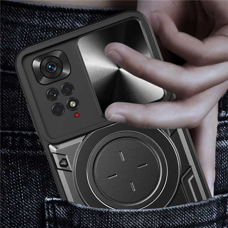 Pour Xiaomi Redmi Note 11 Pro 4G (MediaTek) / 5G (Qualcomm) / Note 11E Pro 5G / Note 11 Pro+ 5G (Inde) Coque de téléphone en TPU et PC avec support et couvercle de l'objectif coulissant - Noir