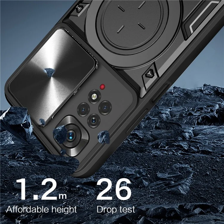 Pour Xiaomi Redmi Note 11 Pro 4G (MediaTek) / 5G (Qualcomm) / Note 11E Pro 5G / Note 11 Pro+ 5G (Inde) Coque de téléphone en TPU et PC avec support et couvercle de l'objectif coulissant - Noir