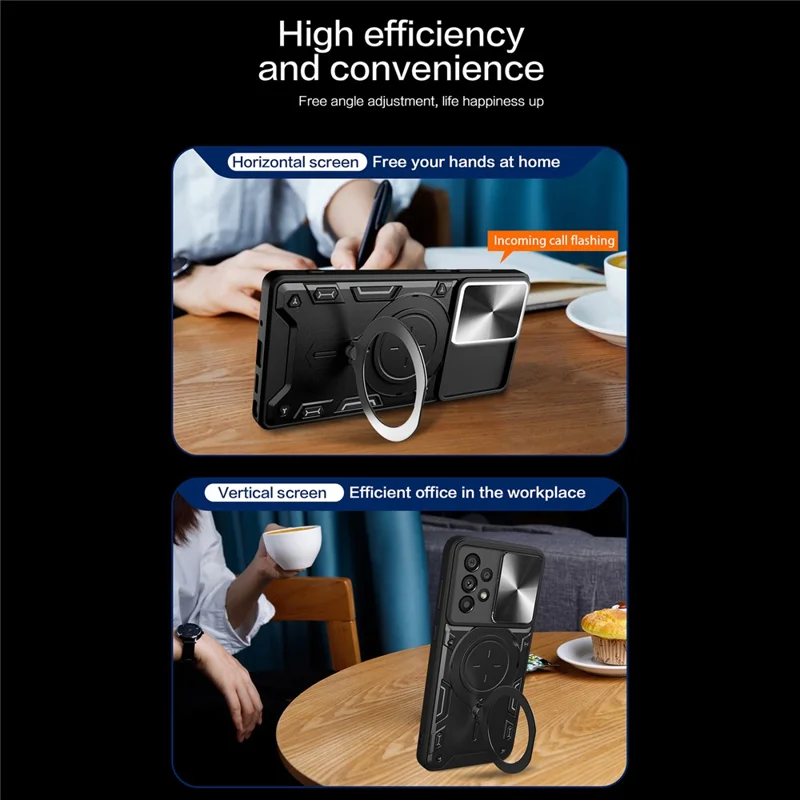 Shockproof Case for Samsung Galaxy A33 5G Kickstand Protective Case TPU PC Phone Shell with Slide Lens Lid - Black