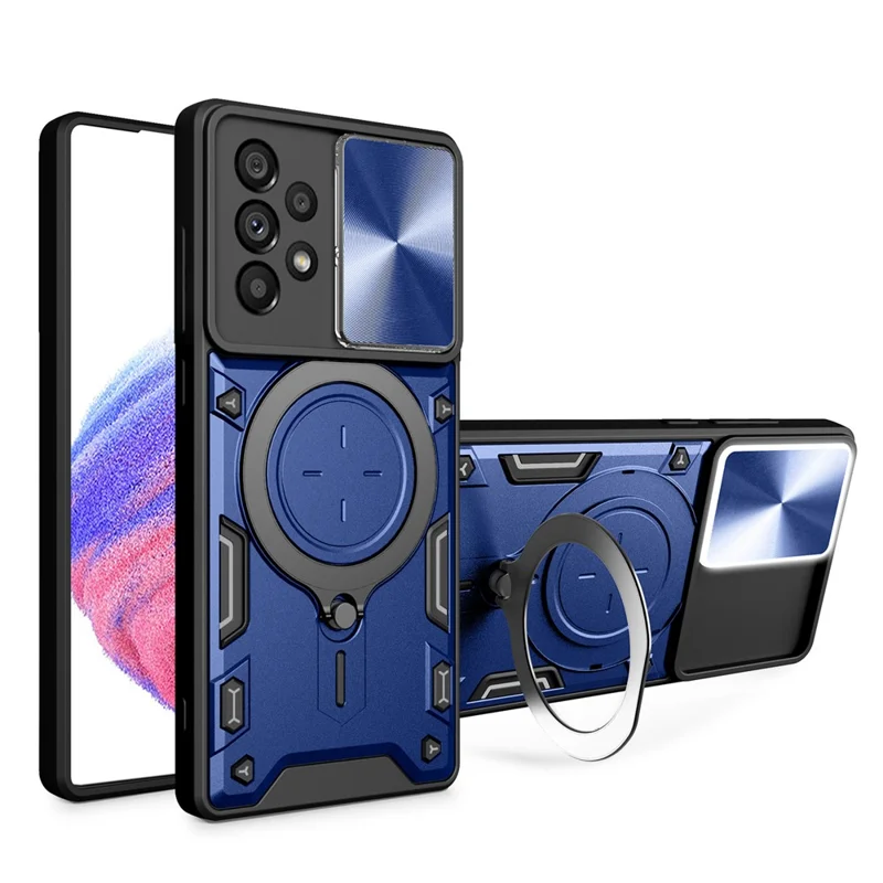 حالة مقاومة للصدمات لهاتف Samsung Galaxy A33 5G مع حامل قابل للدوران وغطاء شاشة من مادة TPU وPC مع غطاء عدسة منزلق - أزرق