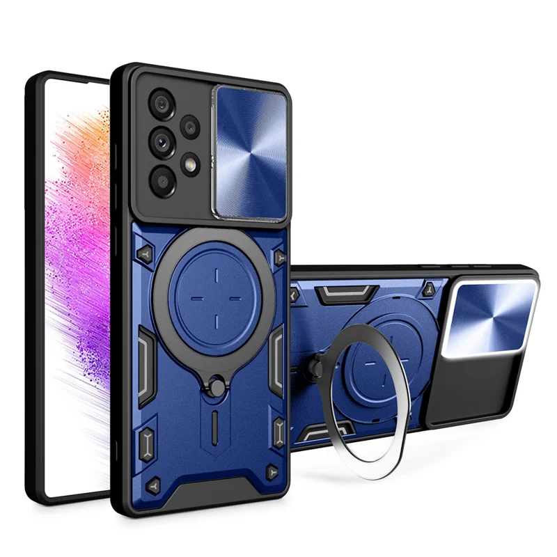 Shockproof Case for Samsung Galaxy A73 5G Anti-Drop Kickstand Cover TPU PC Phone Shell with Slide Lens Lid - Blue