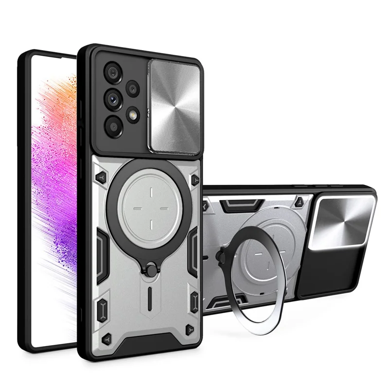 Shockproof Case for Samsung Galaxy A73 5G Anti-Drop Kickstand Cover TPU PC Phone Shell with Slide Lens Lid - Silver