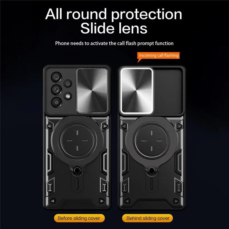 Shockproof Case for Samsung Galaxy A73 5G Anti-Drop Kickstand Cover TPU PC Phone Shell with Slide Lens Lid - Silver