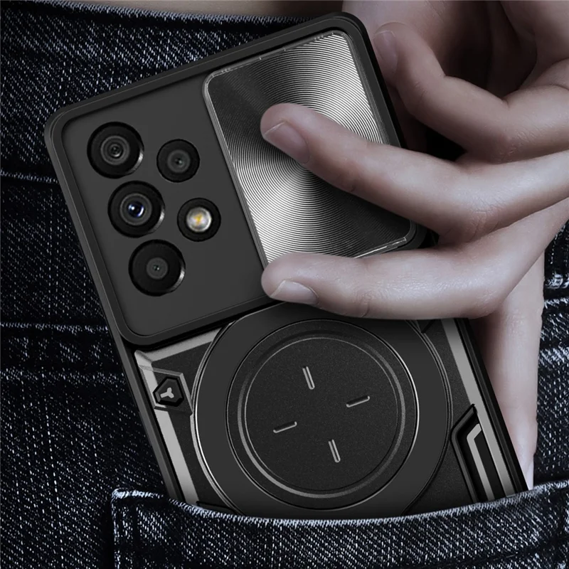 Shockproof Case for Samsung Galaxy A73 5G Anti-Drop Kickstand Cover TPU PC Phone Shell with Slide Lens Lid - Silver