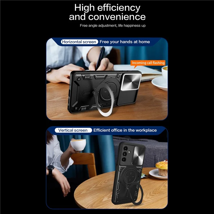 Pour Samsung Galaxy A24 4G (162,1 x 77,6 x 8,3 mm) Couvercle de support pivotant Coque de téléphone TPU+PC avec protecteur de objectif de glissement - Noir