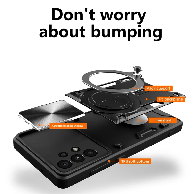 Kickstand Phone Case til Samsung Galaxy A13 4G Slide-linsebeskyttelse TPU+PC Bagside - Sort