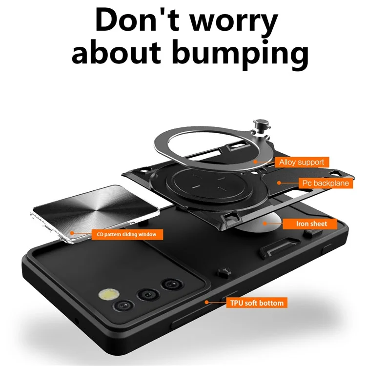 Phone Case for Samsung Galaxy A03s (164.2 x 75.9 x 9.1mm) Kickstand TPU+PC Shell with Slide Camera Cover - Black