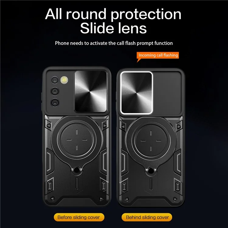 Phone Case for Samsung Galaxy A03s (164.2 x 75.9 x 9.1mm) Kickstand TPU+PC Shell with Slide Camera Cover - Black