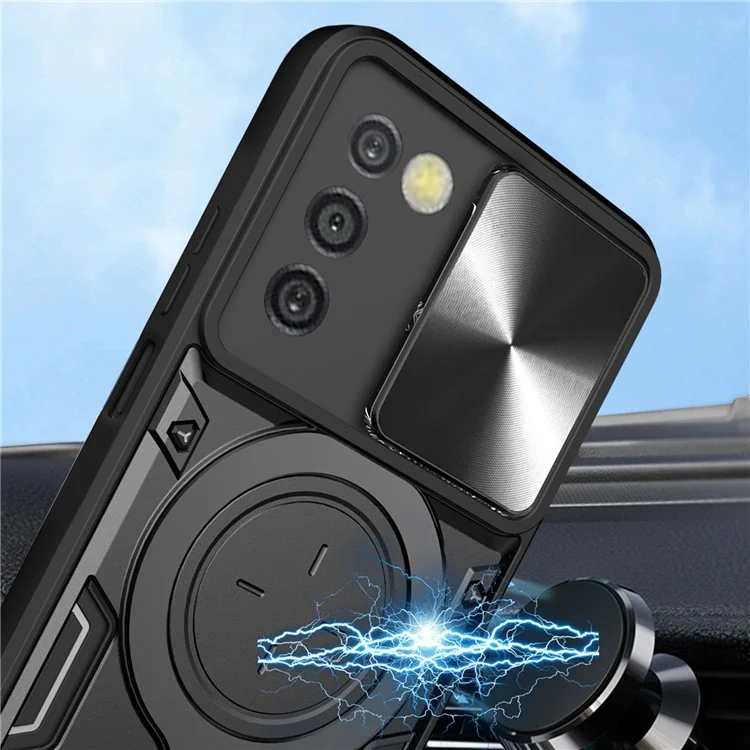 Phone Case for Samsung Galaxy A03s (164.2 x 75.9 x 9.1mm) Kickstand TPU+PC Shell with Slide Camera Cover - Black