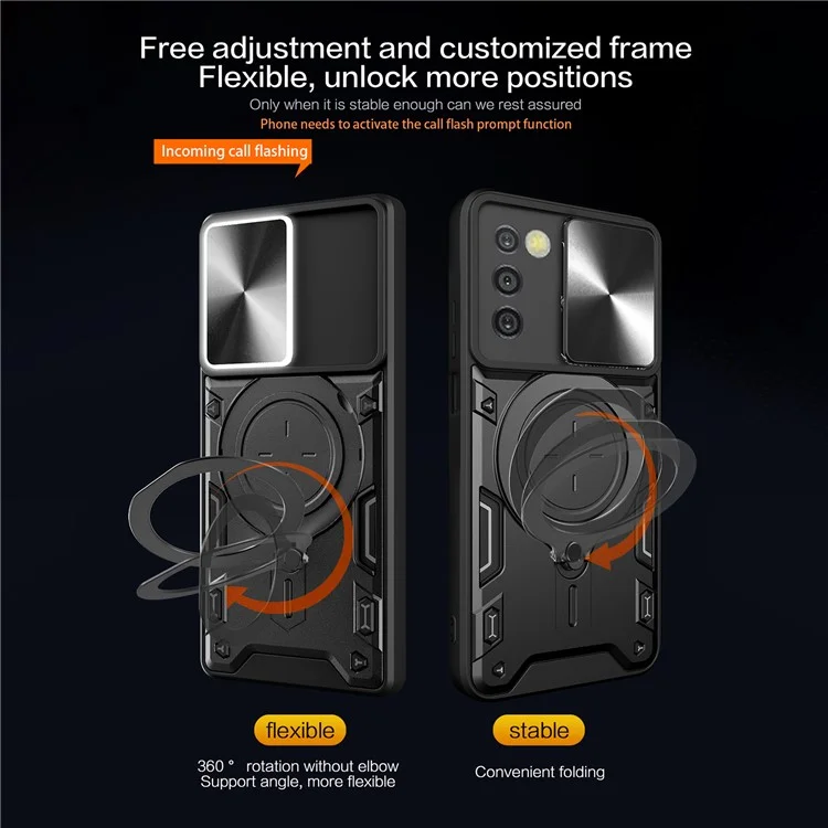 Phone Case for Samsung Galaxy A03s (164.2 x 75.9 x 9.1mm) Kickstand TPU+PC Shell with Slide Camera Cover - Black