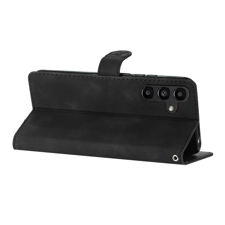 For Samsung Galaxy A14 5G Flower Imprinted Phone Case Leather Wallet Flip Stand Cover - Black