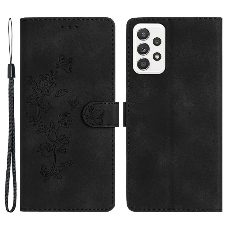 Für Samsung Galaxy A23 5G (Globale Version) / A23 4G Flower Imprint Phone Cover Leder Wallet Stand Case - Schwarz
