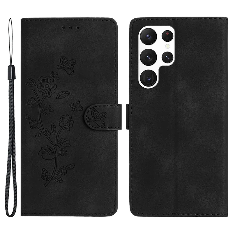 Para Samsung Galaxy S22 Ultra 5G Leather Drop-proof Phone Case Flower Imprint Wallet Stand Cover - Black