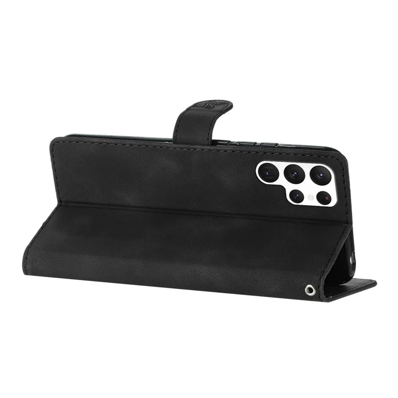 Para Samsung Galaxy S22 Ultra 5G Leather Drop-proof Phone Case Flower Imprint Wallet Stand Cover - Black