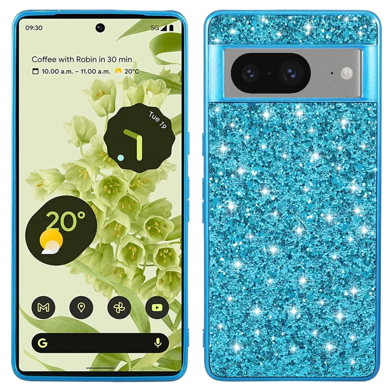 Electroplating Shell for Google Pixel 8 Shiny Glitter Sequins Protective Cover TPU Frame Hard PC Phone Case - Blue
