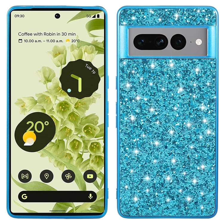 For Google Pixel 8 Pro Shockproof Phone Case Shiny Glitter Sequins Electroplating TPU Frame Hard PC Back Cover - Blue