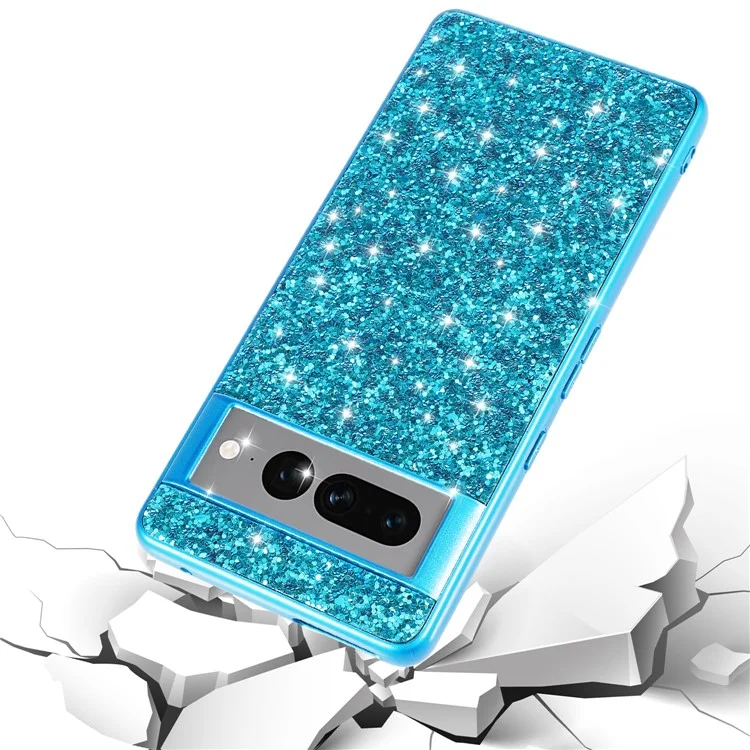 For Google Pixel 8 Pro Shockproof Phone Case Shiny Glitter Sequins Electroplating TPU Frame Hard PC Back Cover - Blue