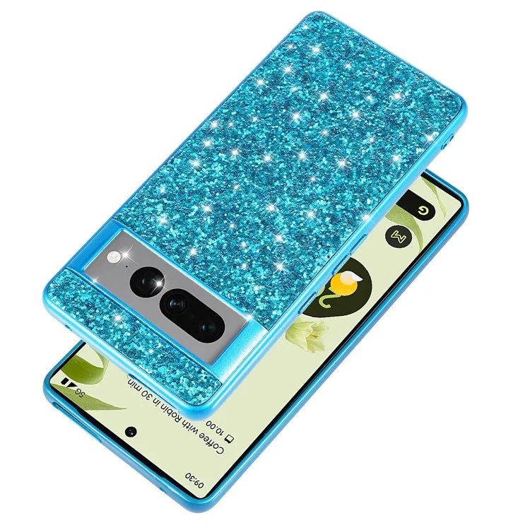 For Google Pixel 8 Pro Shockproof Phone Case Shiny Glitter Sequins Electroplating TPU Frame Hard PC Back Cover - Blue