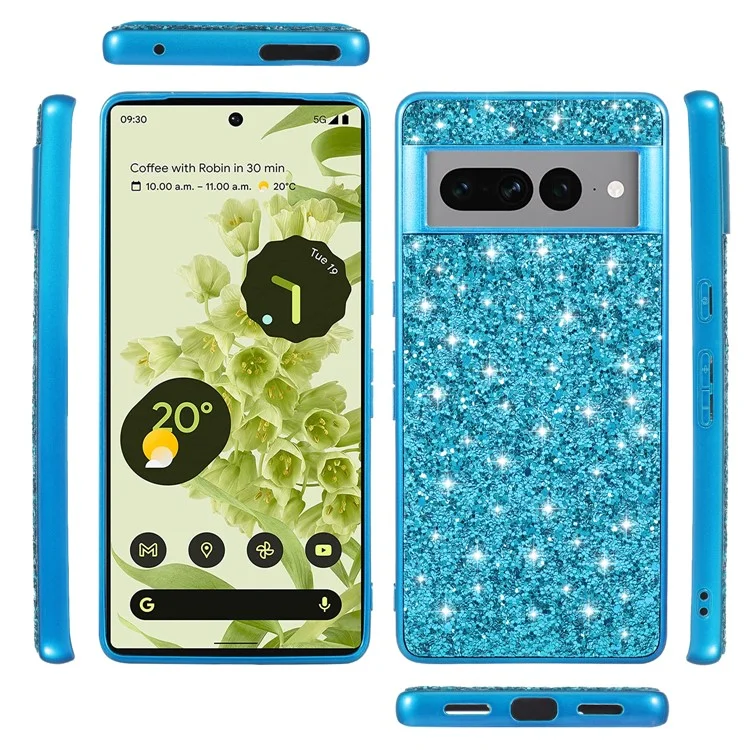 For Google Pixel 8 Pro Shockproof Phone Case Shiny Glitter Sequins Electroplating TPU Frame Hard PC Back Cover - Blue