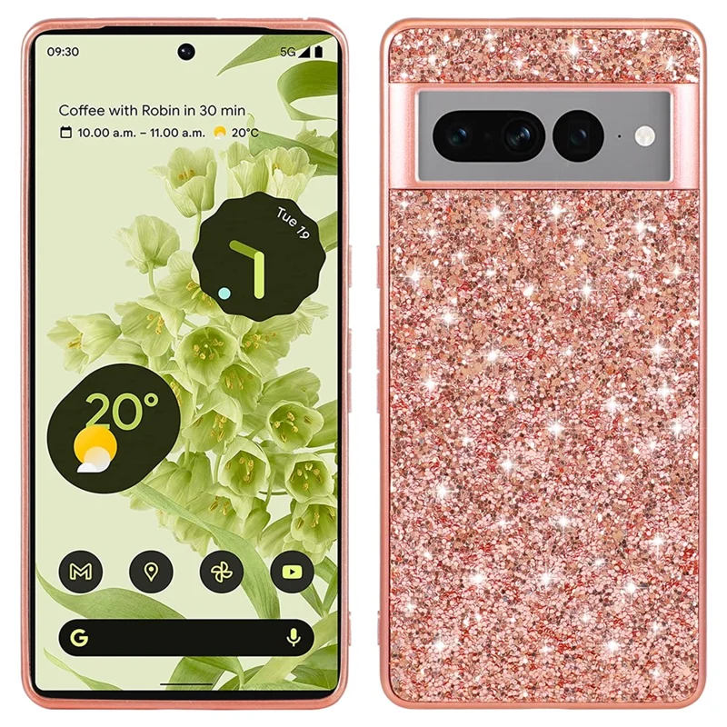 For Google Pixel 7a Phone Cover Electroplating TPU Frame Hard PC Back Case with Shiny Glitter Sequins Decor - Rose Gold