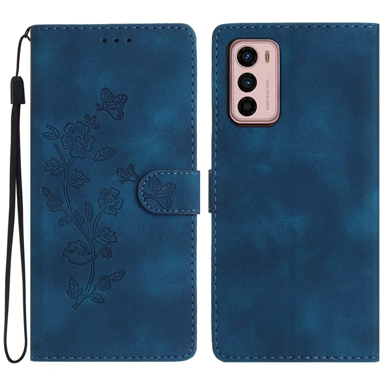 Capa de Telefone de Couro para Motorola Moto G42 4G, Carteira Estampada de Flor com Suporte Antipoeira para Celular - Azul