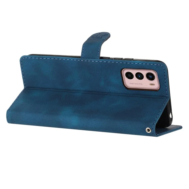 Capa de Telefone de Couro para Motorola Moto G42 4G, Carteira Estampada de Flor com Suporte Antipoeira para Celular - Azul