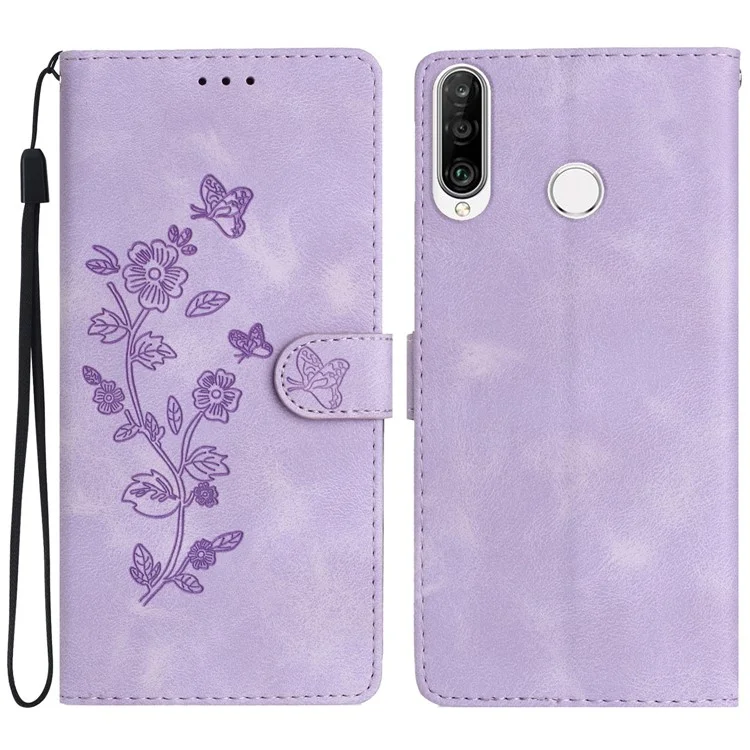 For Huawei P30 Lite / P30 Lite New Edition / nova 4e Phone Cover Imprinted Flower Wallet Stand Shockproof Leather Phone Case - Purple