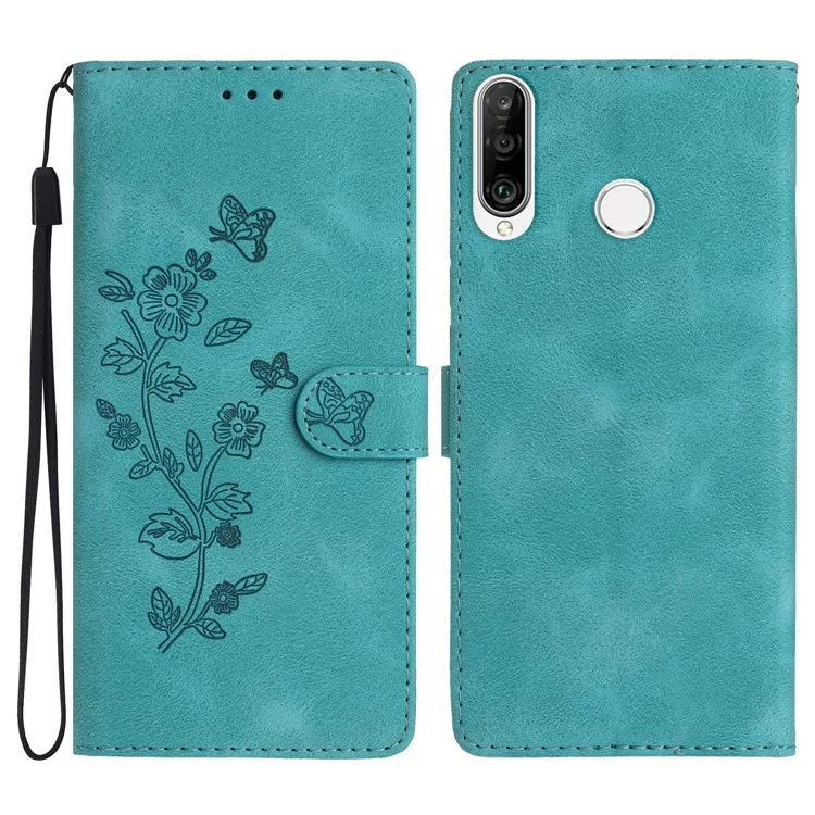 For Huawei P30 Lite / P30 Lite New Edition / nova 4e Phone Cover Imprinted Flower Wallet Stand Shockproof Leather Phone Case - Sky Blue